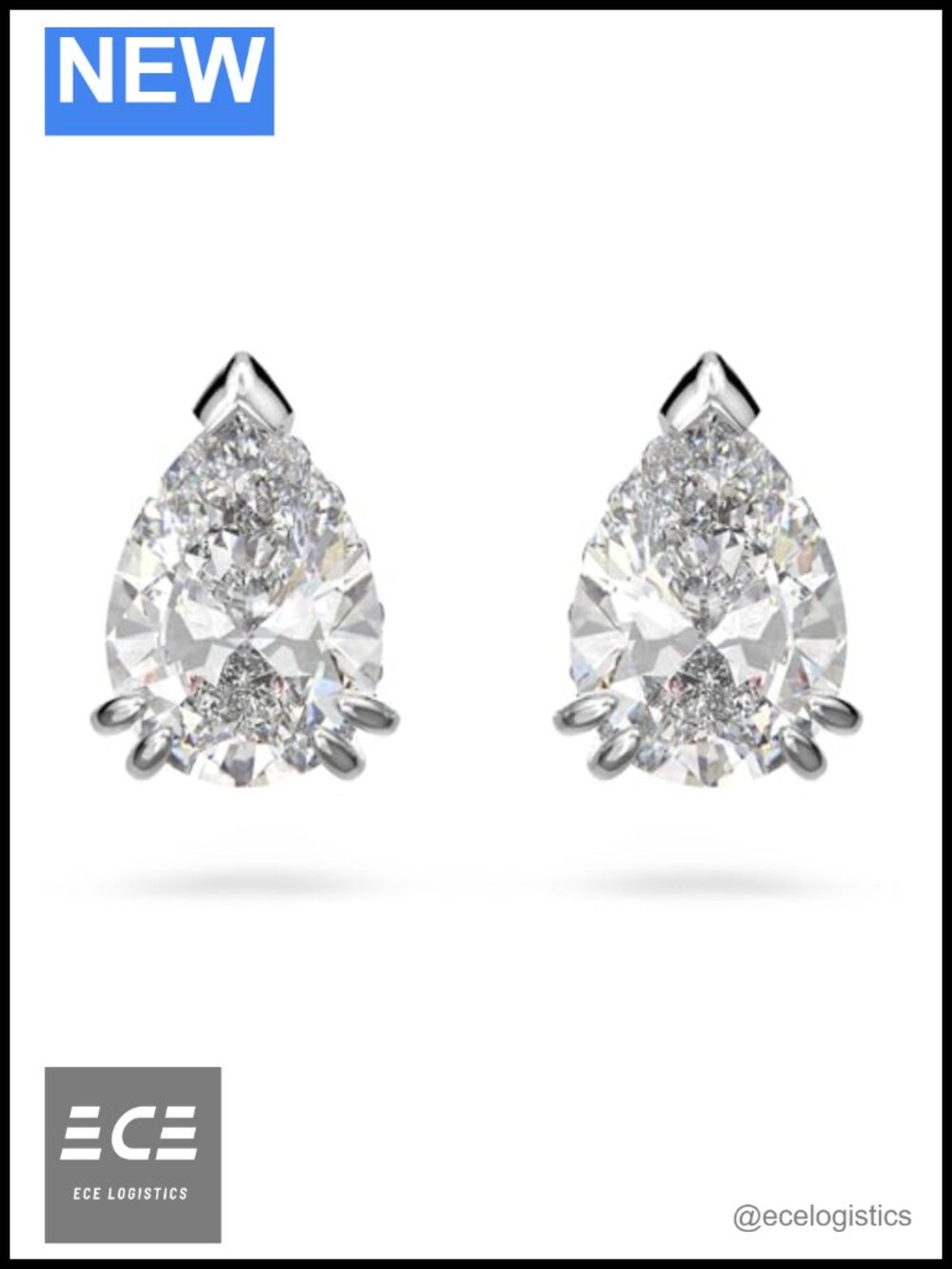 Pear Cut Cubic Zirconia Stud Earrings Rhodium Finish Push Back Pierced